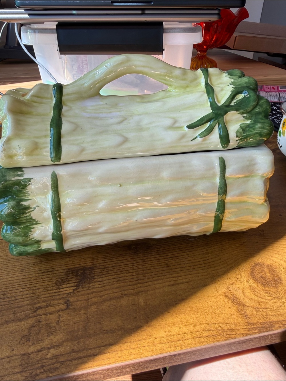 Vintage majolica ceramic asparagus dish